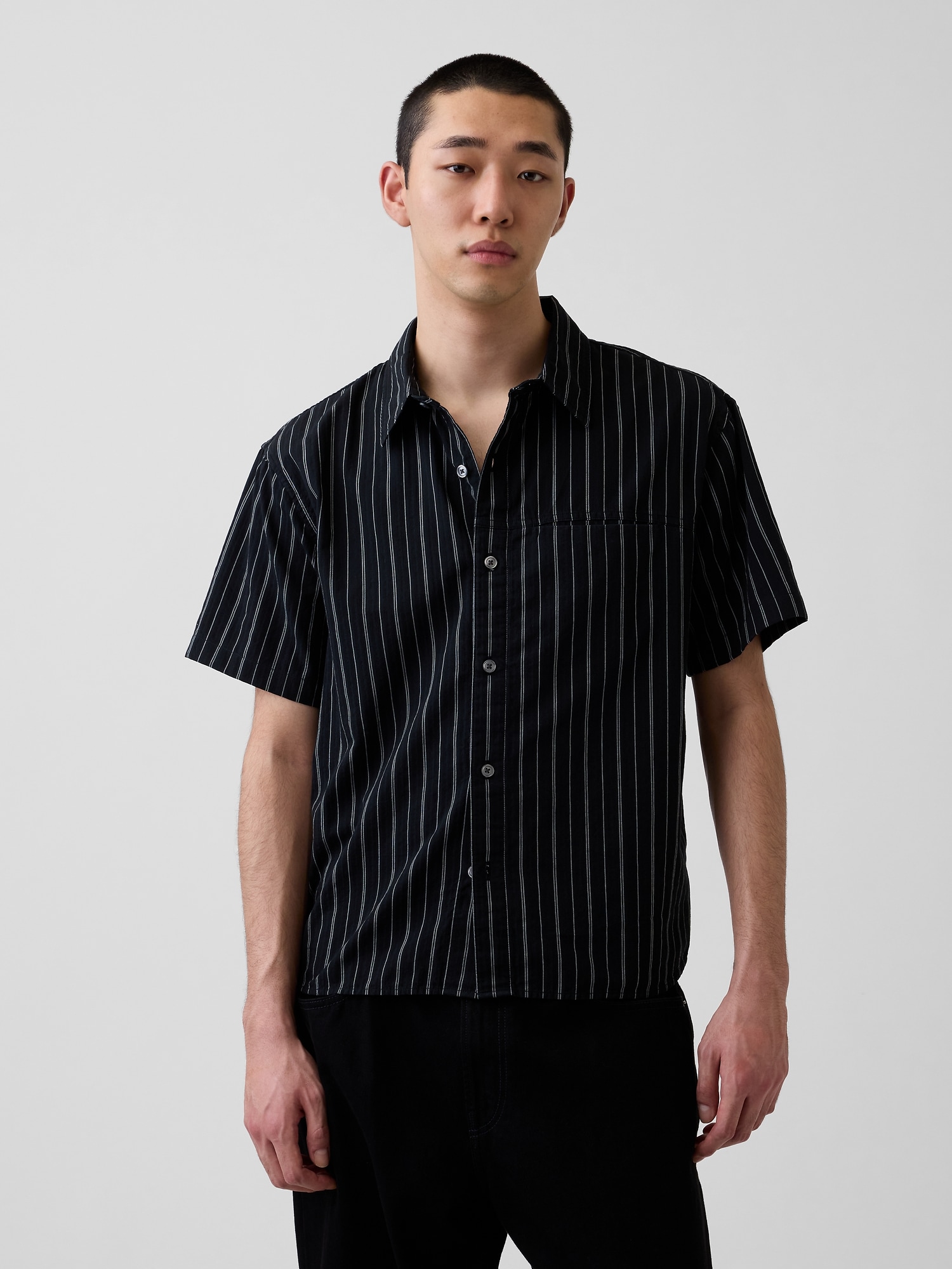 Seersucker Stripe Relaxed Curved-Hem Shirt