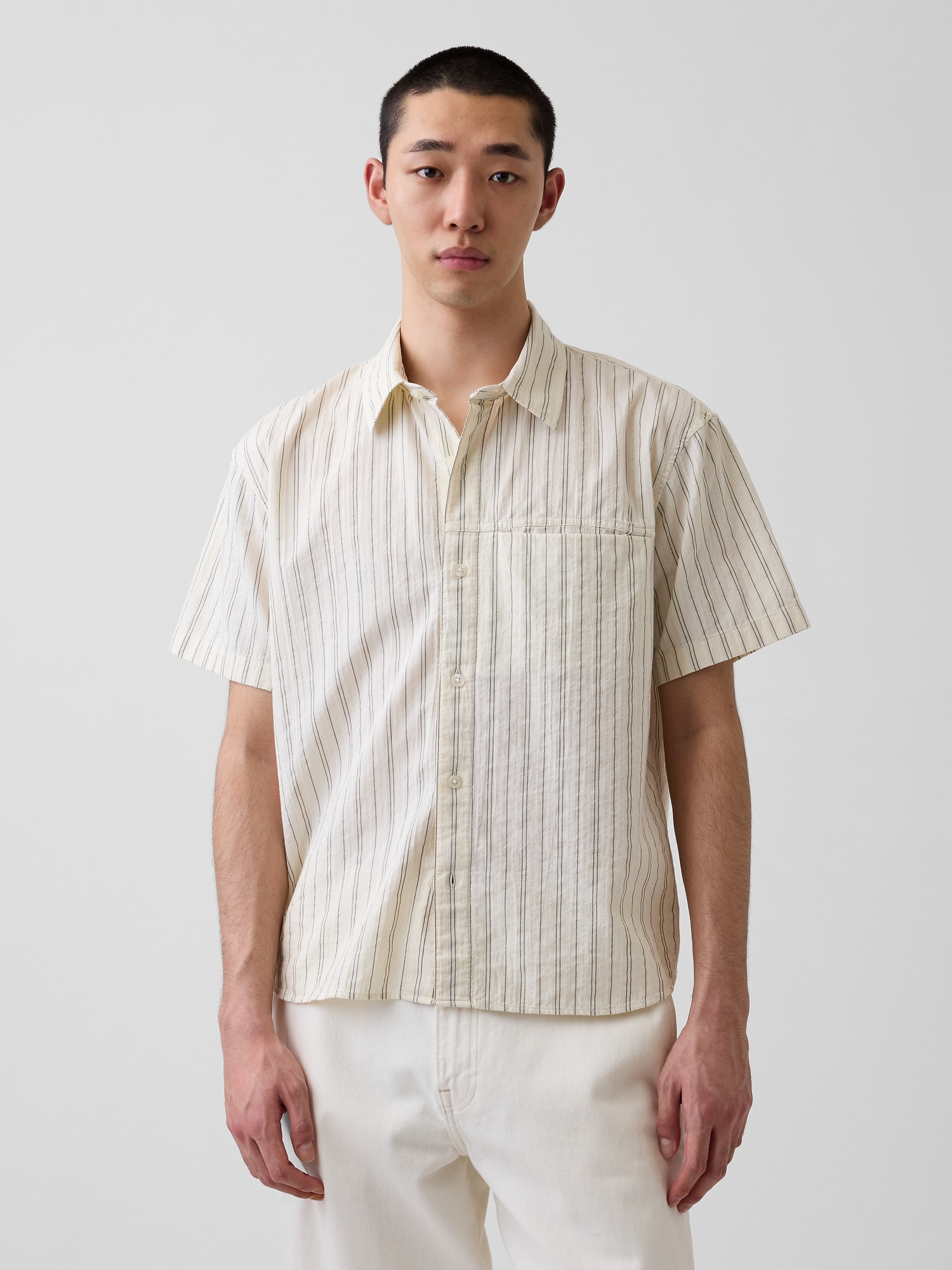 Seersucker Stripe Relaxed Curved-Hem Shirt