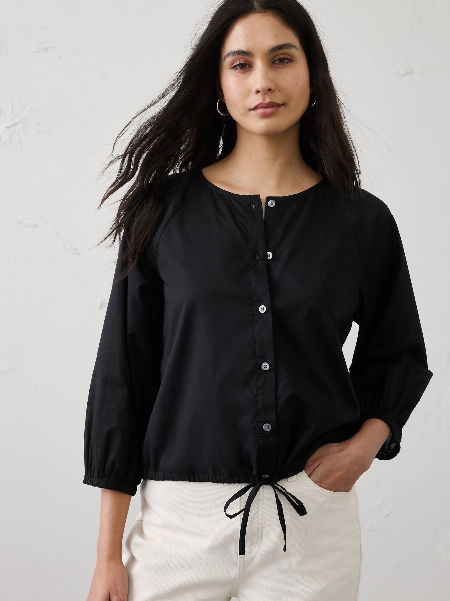 Voile Blouson-Sleeve Drawstring-Hem Top