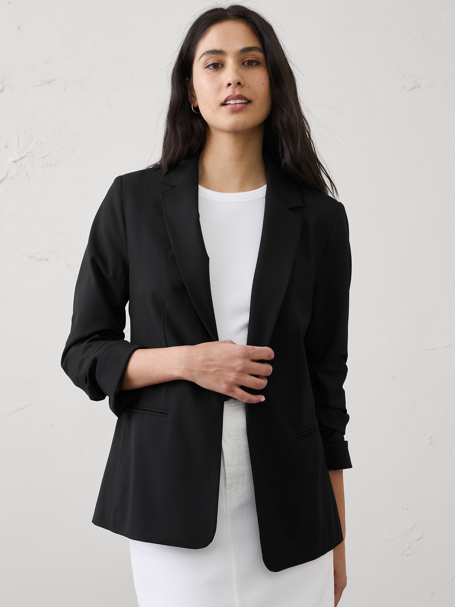 Sculpted Stretch Ruched-Sleeve Blazer