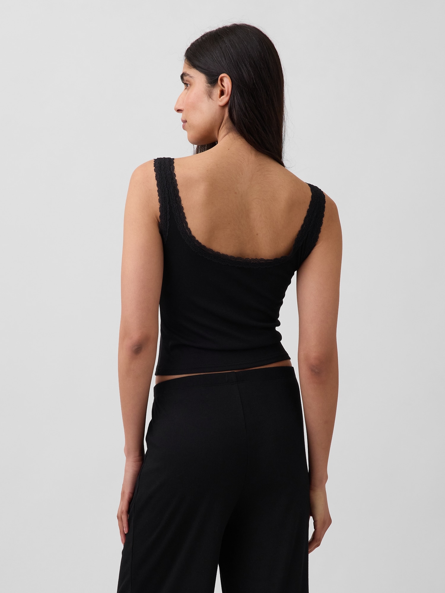 細リブ レース ヘンリーネック パジャマタンクトップ-2