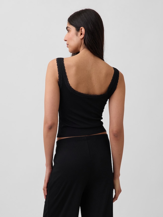 細リブ レース ヘンリーネック パジャマタンクトップ-2