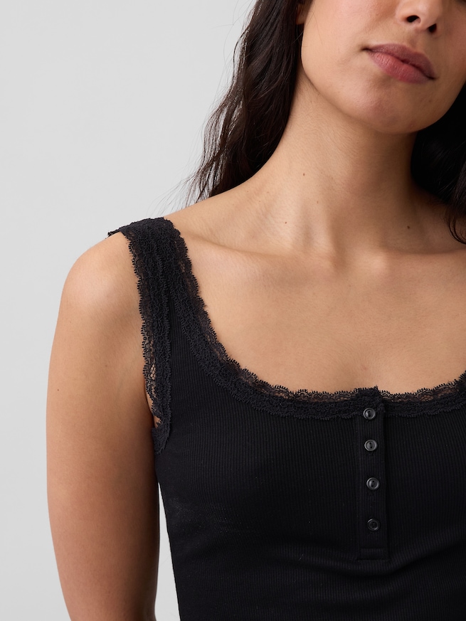 細リブ レース ヘンリーネック パジャマタンクトップ-3