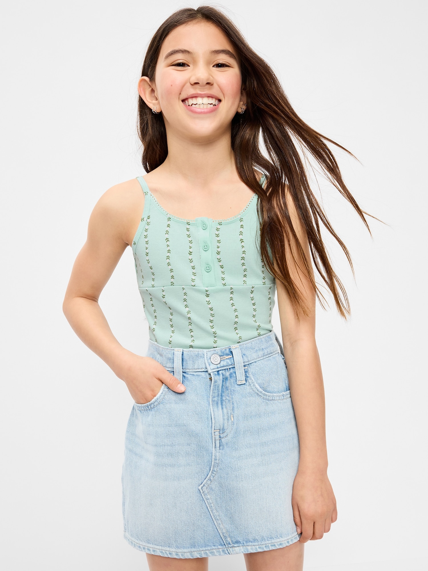 Fitted Printed Henley Tank Top for Girls