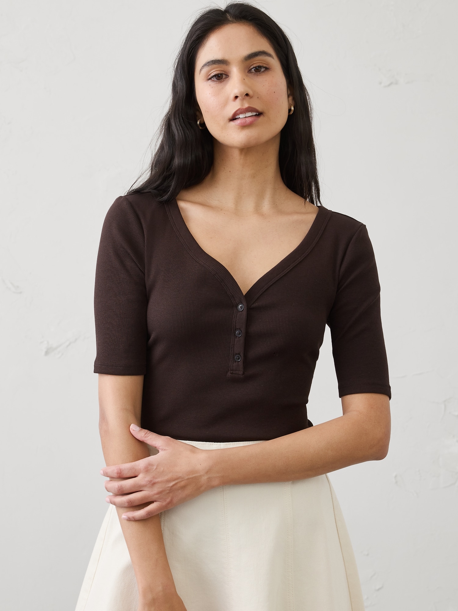 Ribbed Elbow-Sleeve Henley T-Shirt