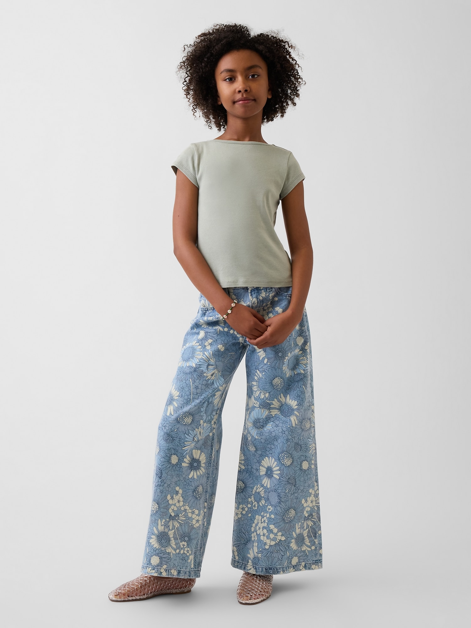 Kids Low Rise Floral Baggy Jeans