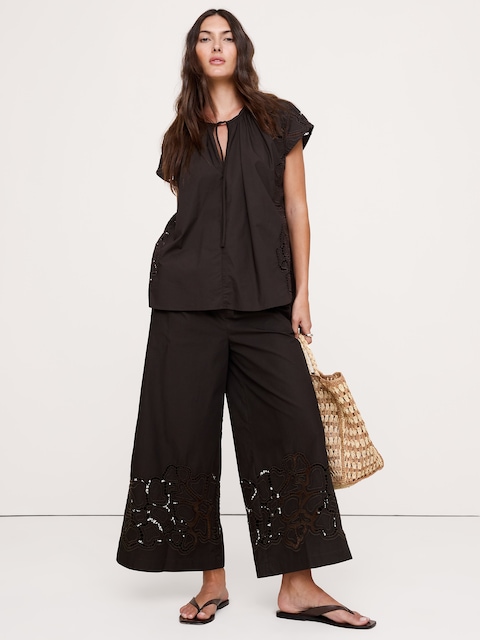 PANTALON LONGUEUR CHEVILLE À JAMBE LARGE TAILLE EXTENSIBLE EN POPELINE