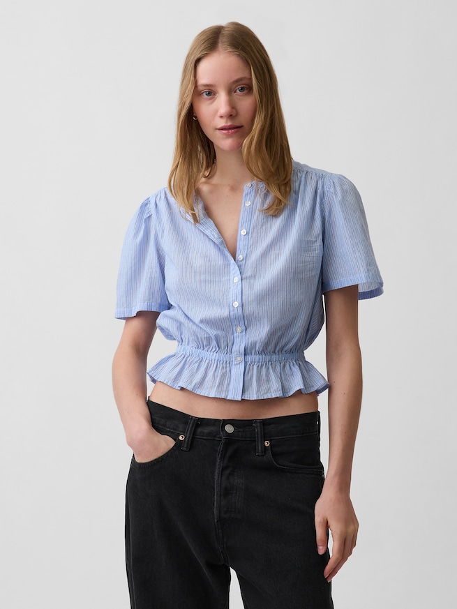 フロントボタン クロップド ペプラムトップス-0