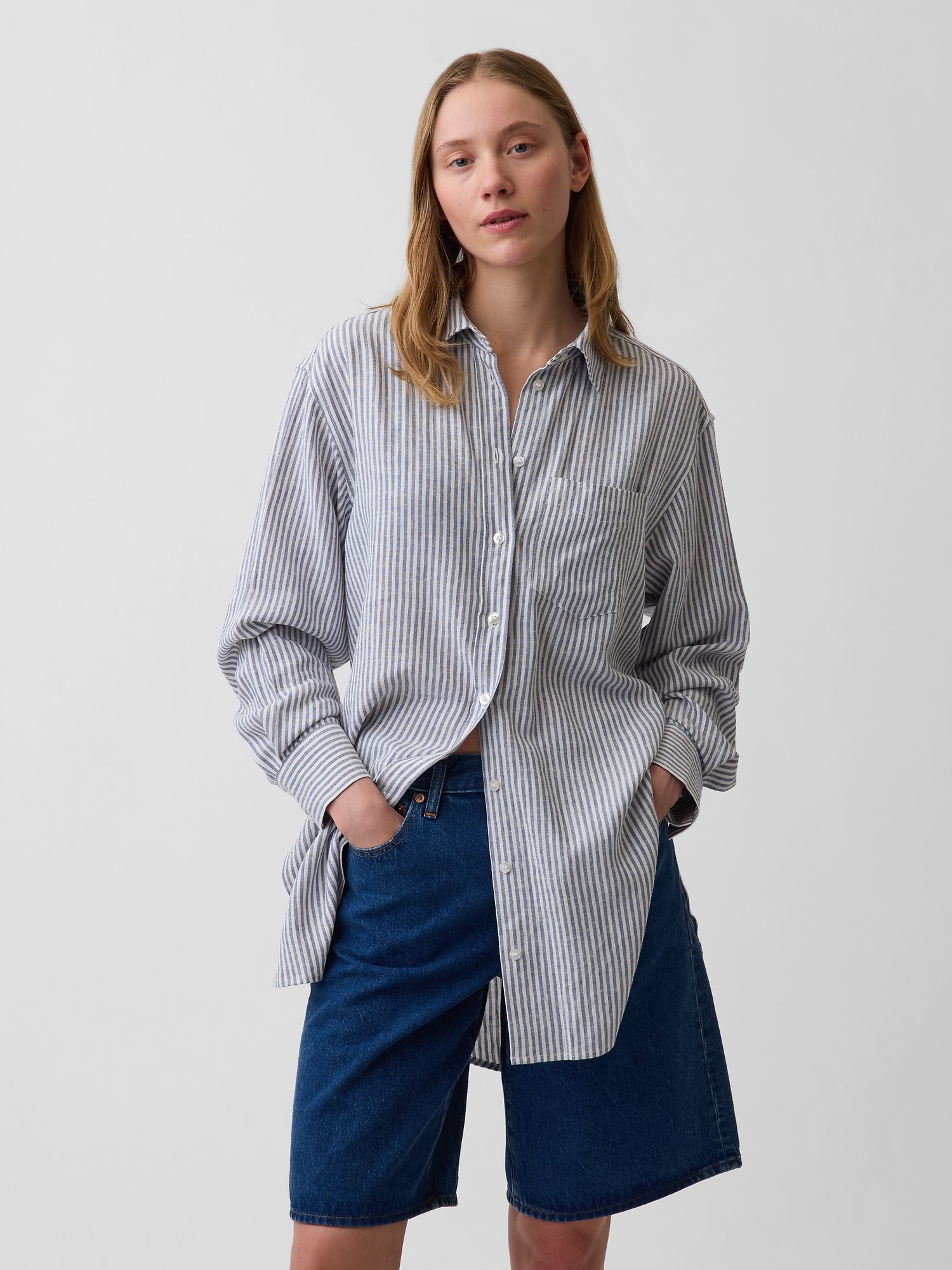 Linen-Blend Oversized Tunic Shirt