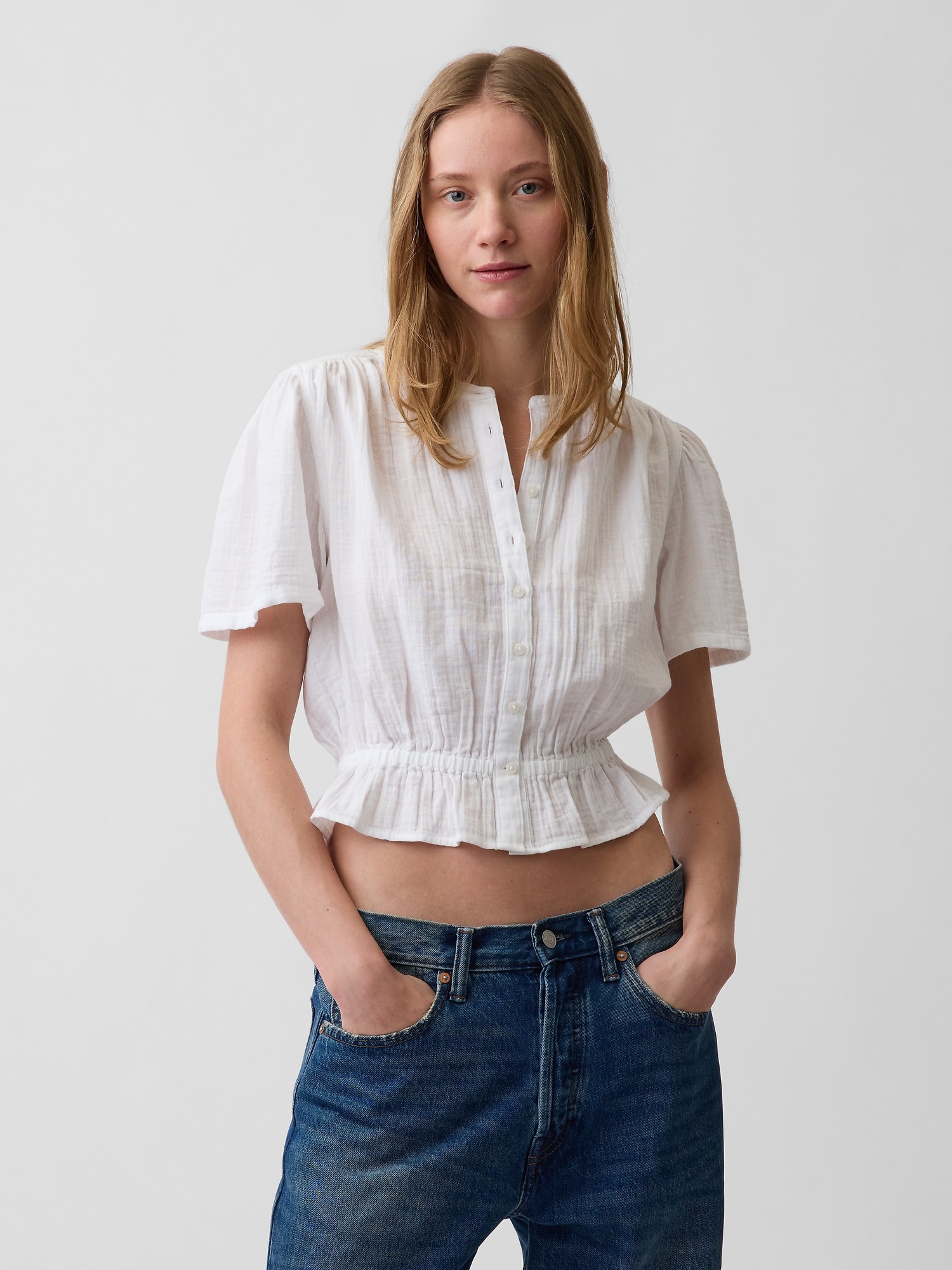 Cotton Gauze Button-Front Crop Peplum Top