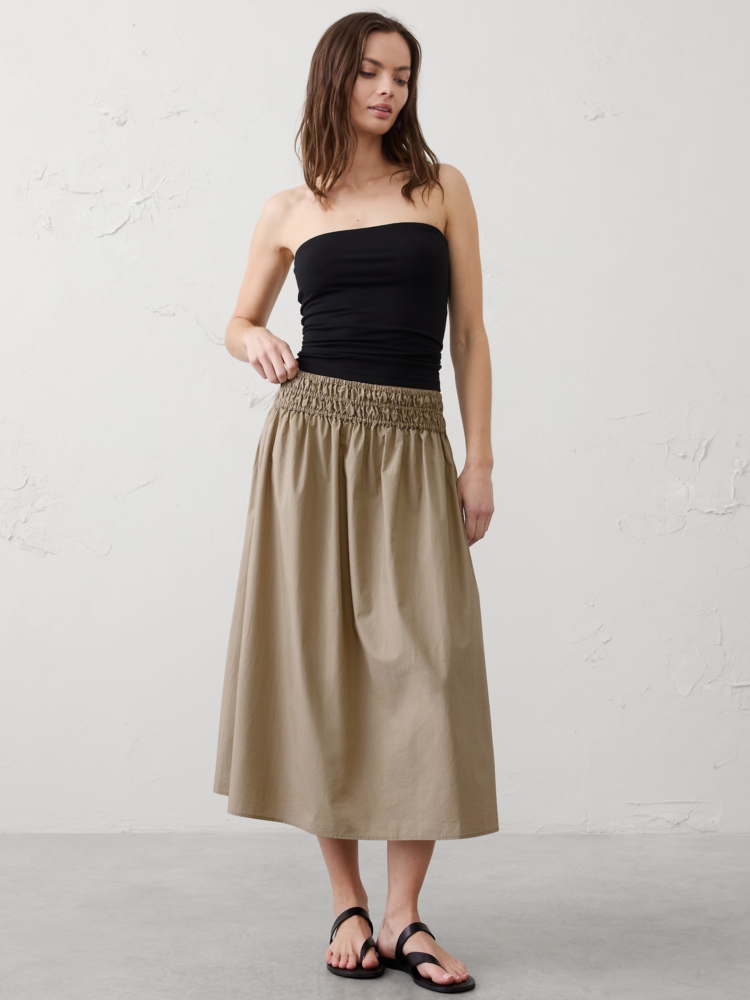 Poplin Smocked-Waist Midi Skirt