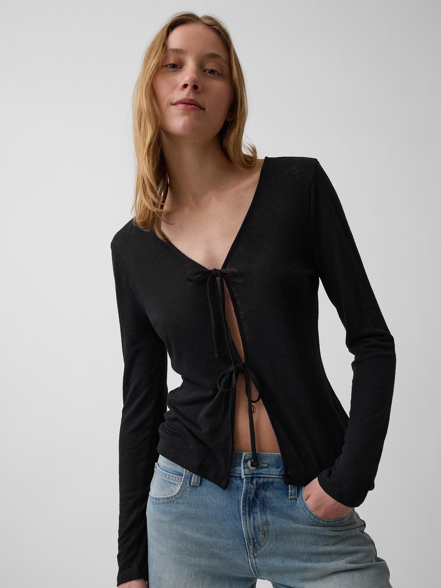 Linen-Blend Tie-Front Cardigan