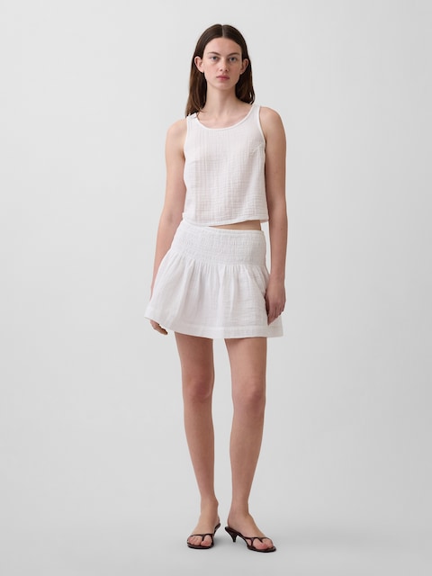 Cotton Gauze Smocked-Waist Mini Skort