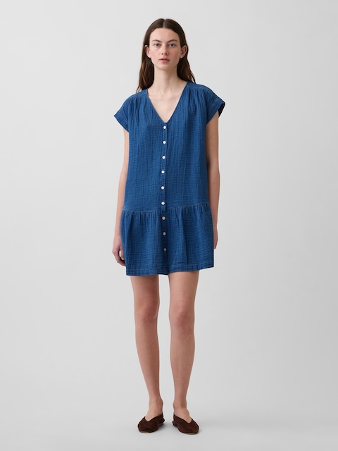 Cotton Gauze Denim Drop-Waist Mini Shirtdress