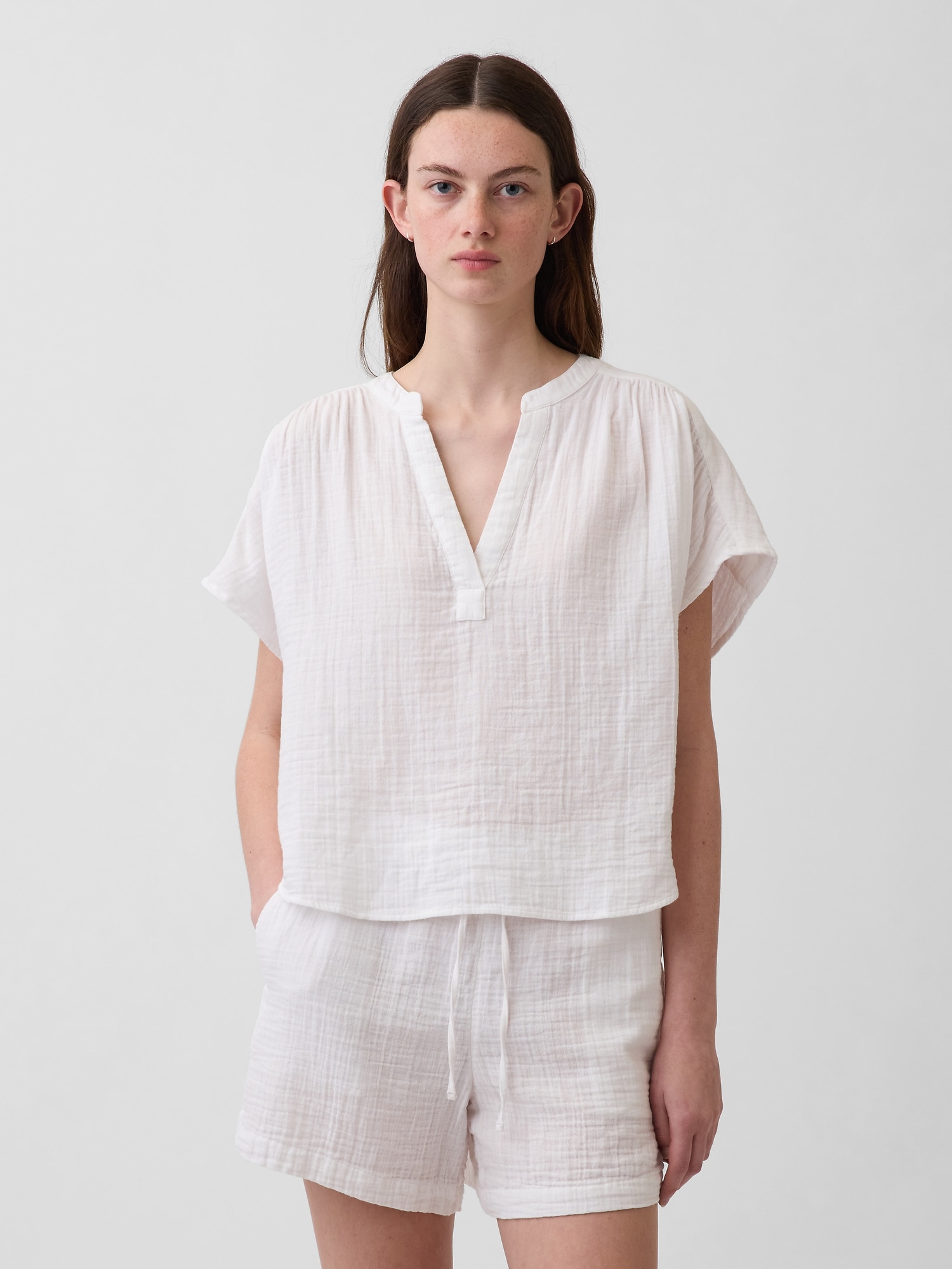Cotton Gauze Oversized Split-Neck Top