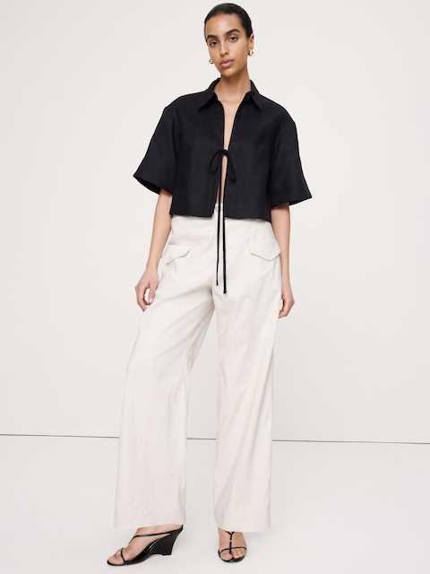 PANTALON UTILITAIRE DROIT À TAILLE HAUTE EN LIN ET VISCOSE EXTENSIBLE