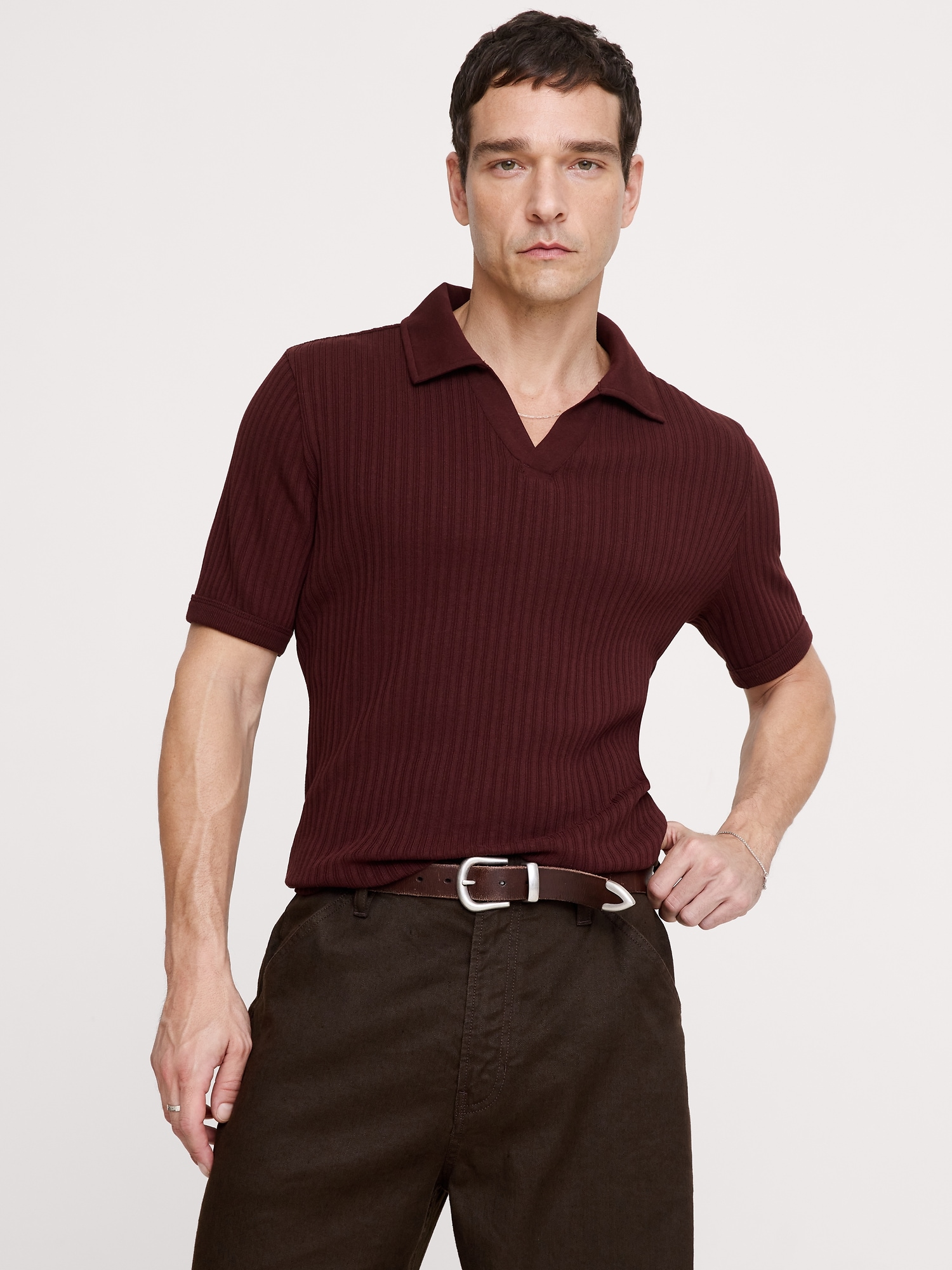 Ribbed Stretch-Cotton Johnny-Collar Polo - Radicchio Burgundy