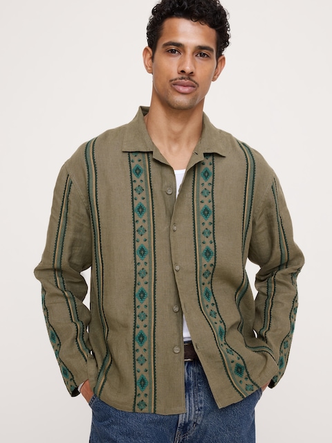 CHEMISE DE VACANCES BRODÉE DÉCONTRACTÉE EN LIN À MANCHES LONGUES