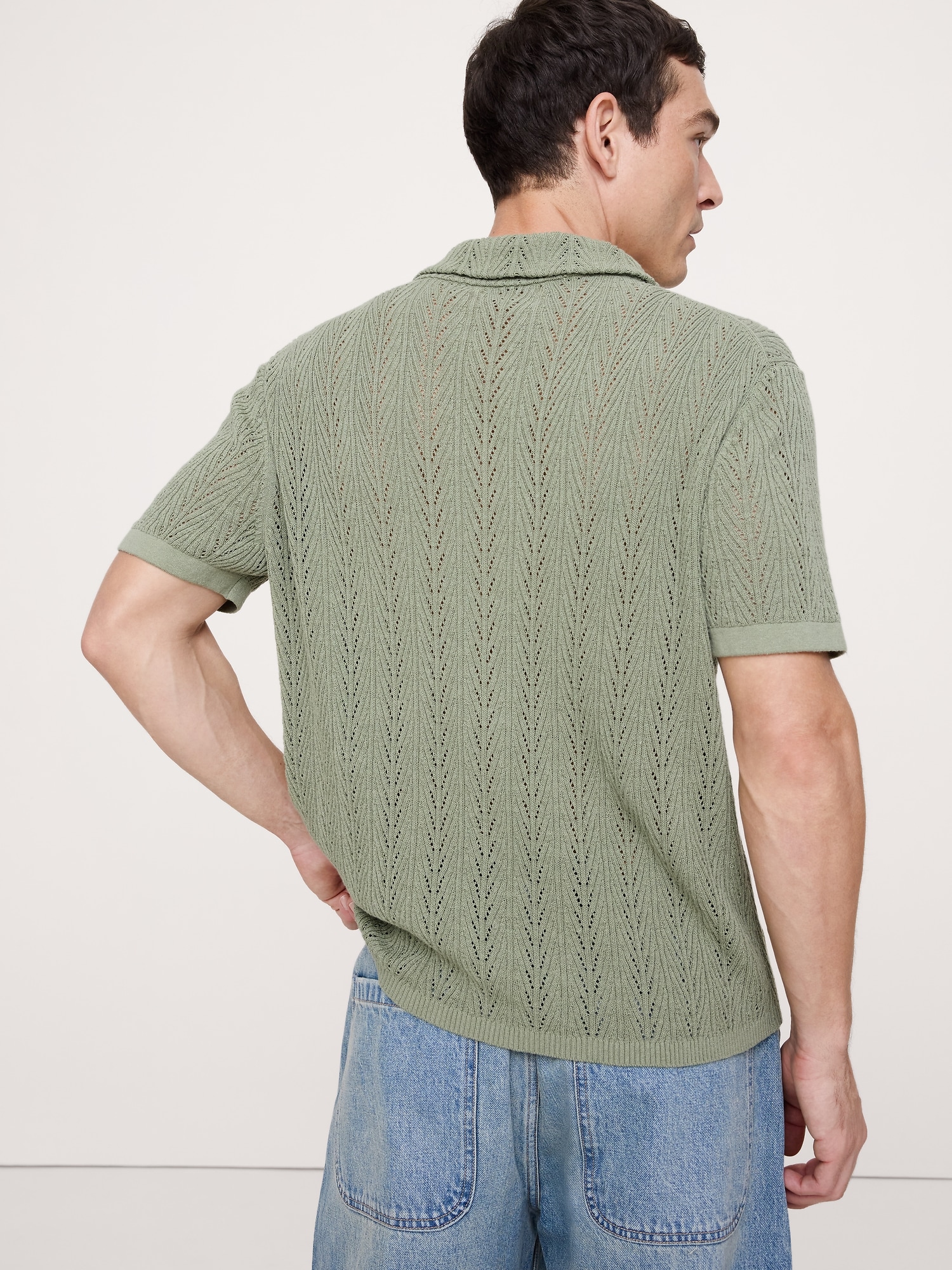 Pointelle Linen-Cotton Blend Polo Cardigan