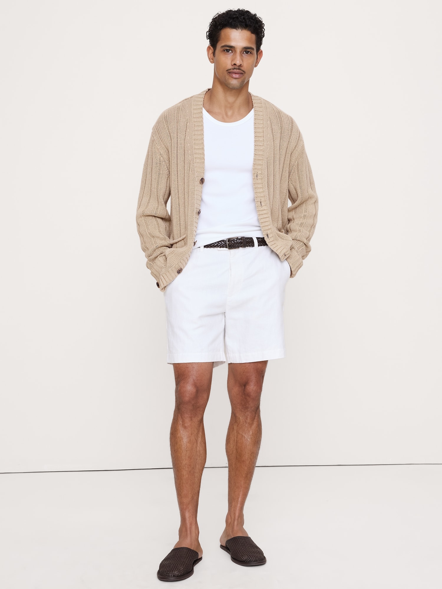 Linen-Cotton Ribbed Cardigan