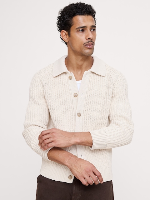 CARDIGAN À COL POLO EN TRICOT CÔTELÉ