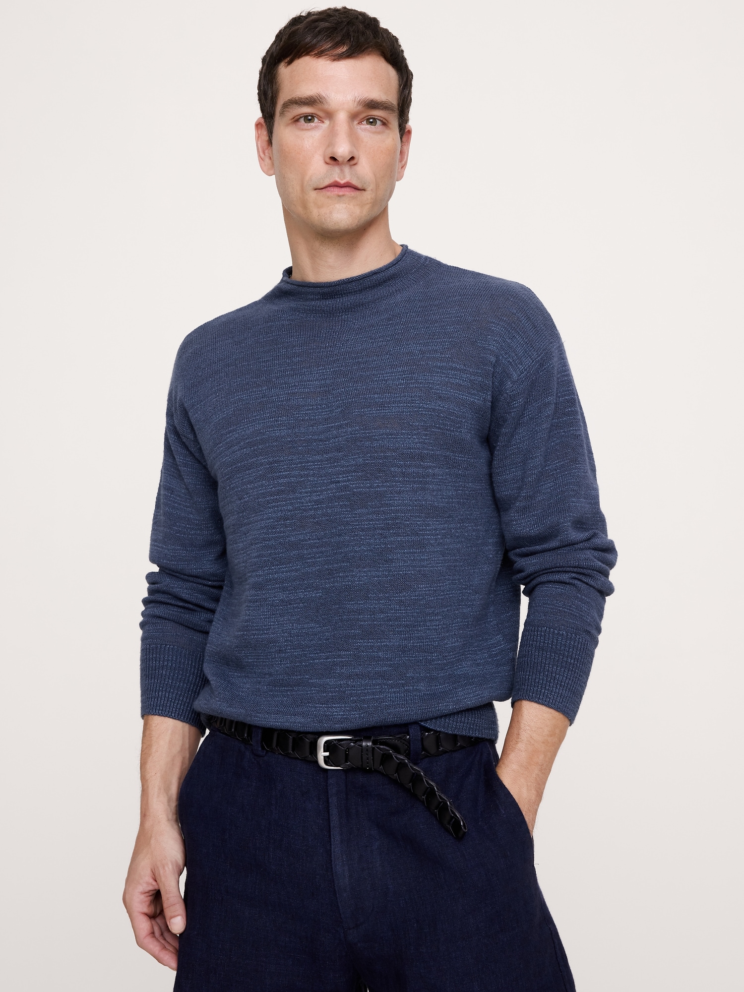 Linen-Cotton Slub Roll-Neck Sweater