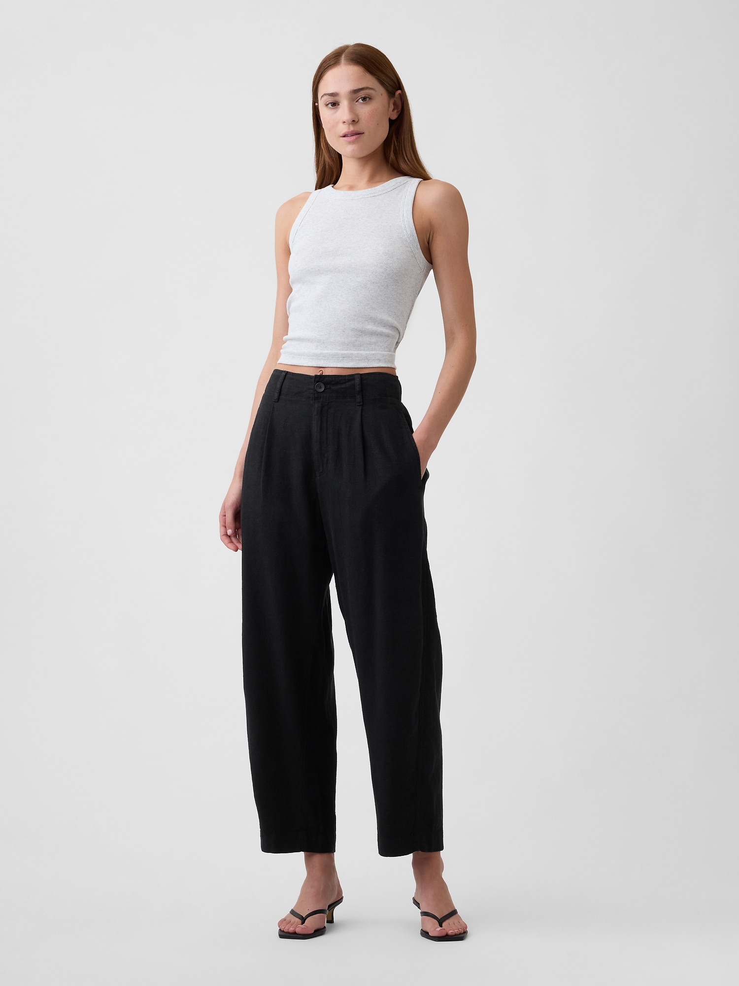 High Rise Linen-Blend Barrel Pants