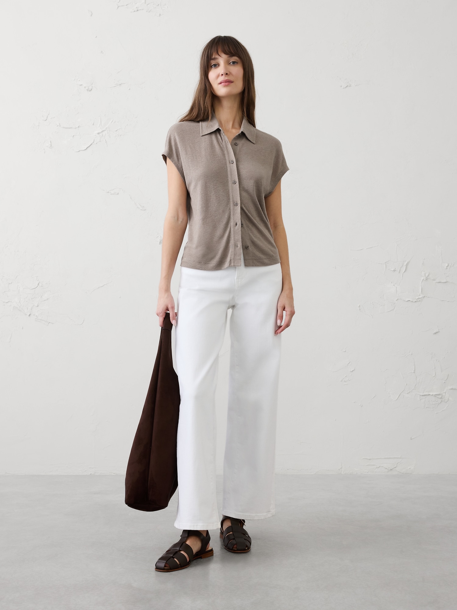 Linen-Blend Collared Top
