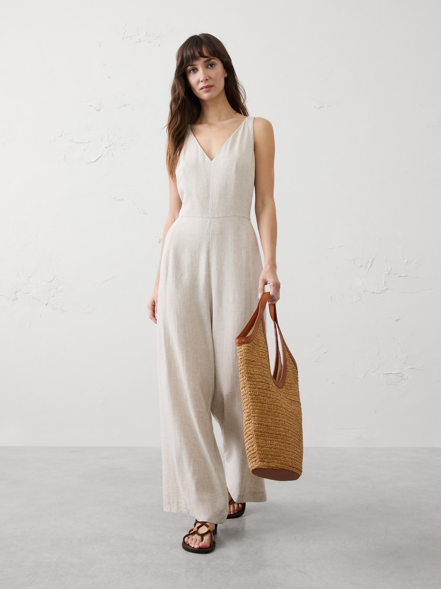 Linen-Blend Vee-Neck Jumpsuit