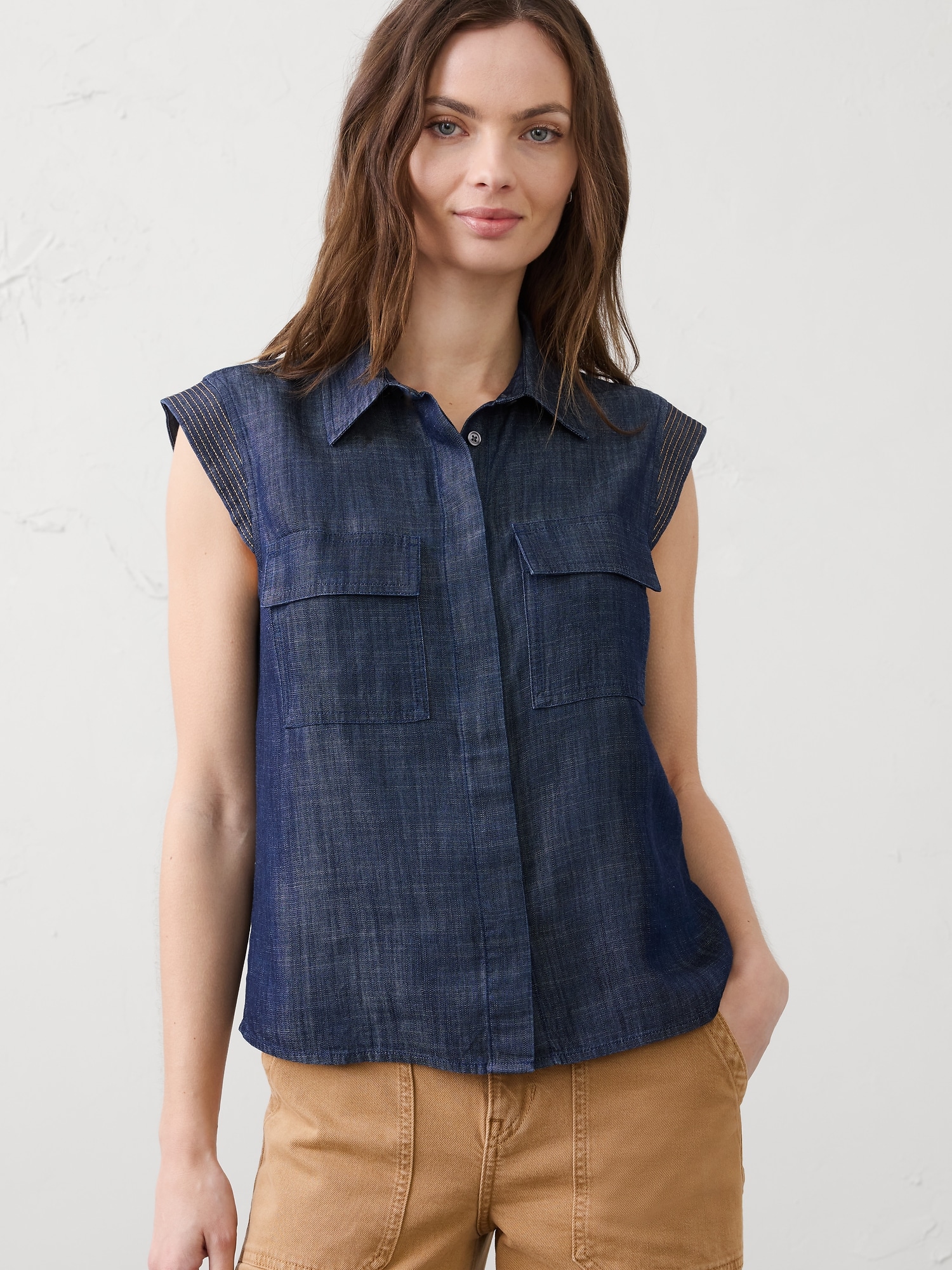 Denim Trapunto Cap-Sleeve Shirt