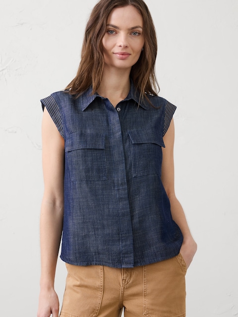 Denim Trapunto Cap-Sleeve Shirt