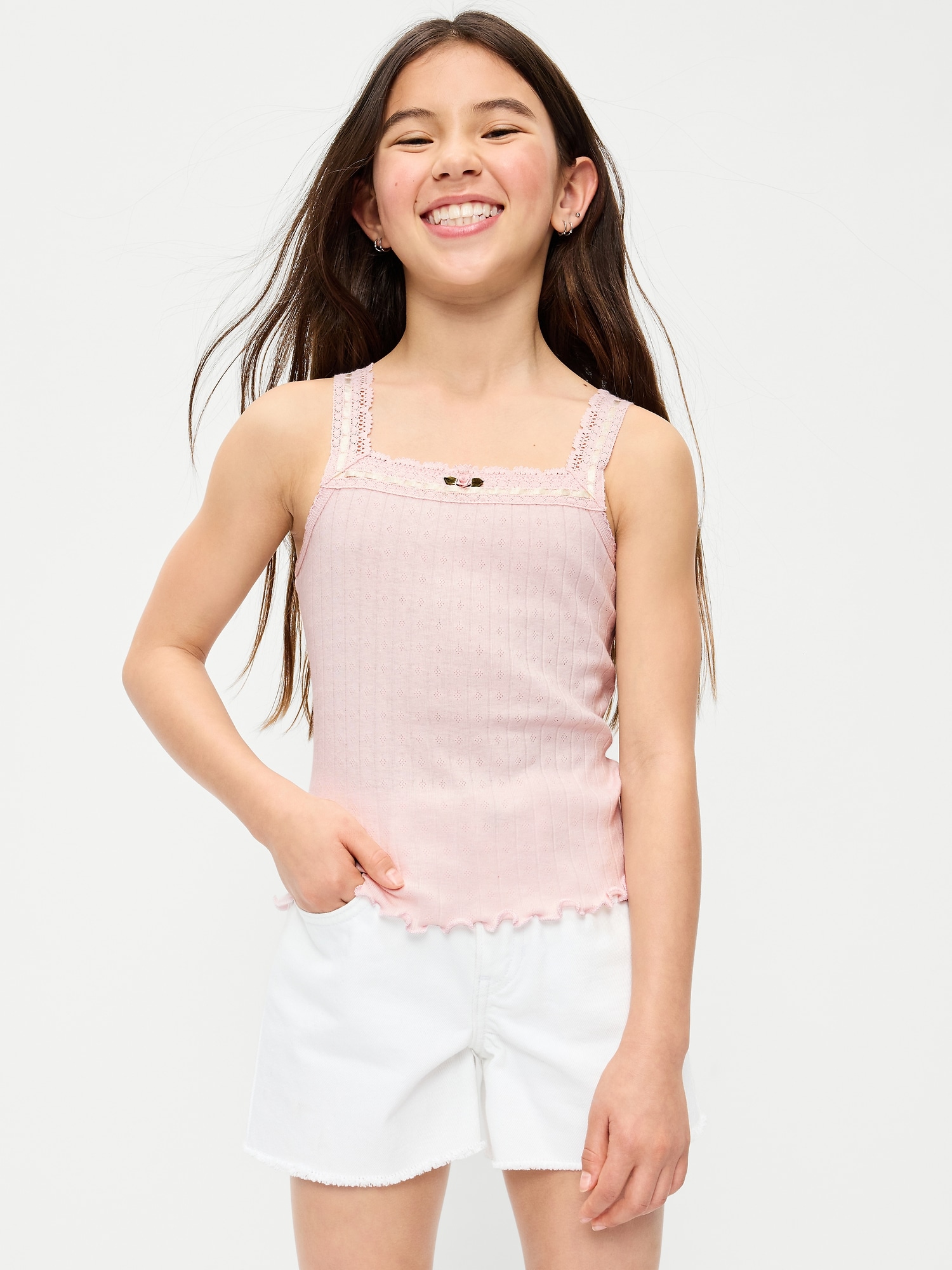 Fitted Lace-Trim Pointelle Tank Top for Girls