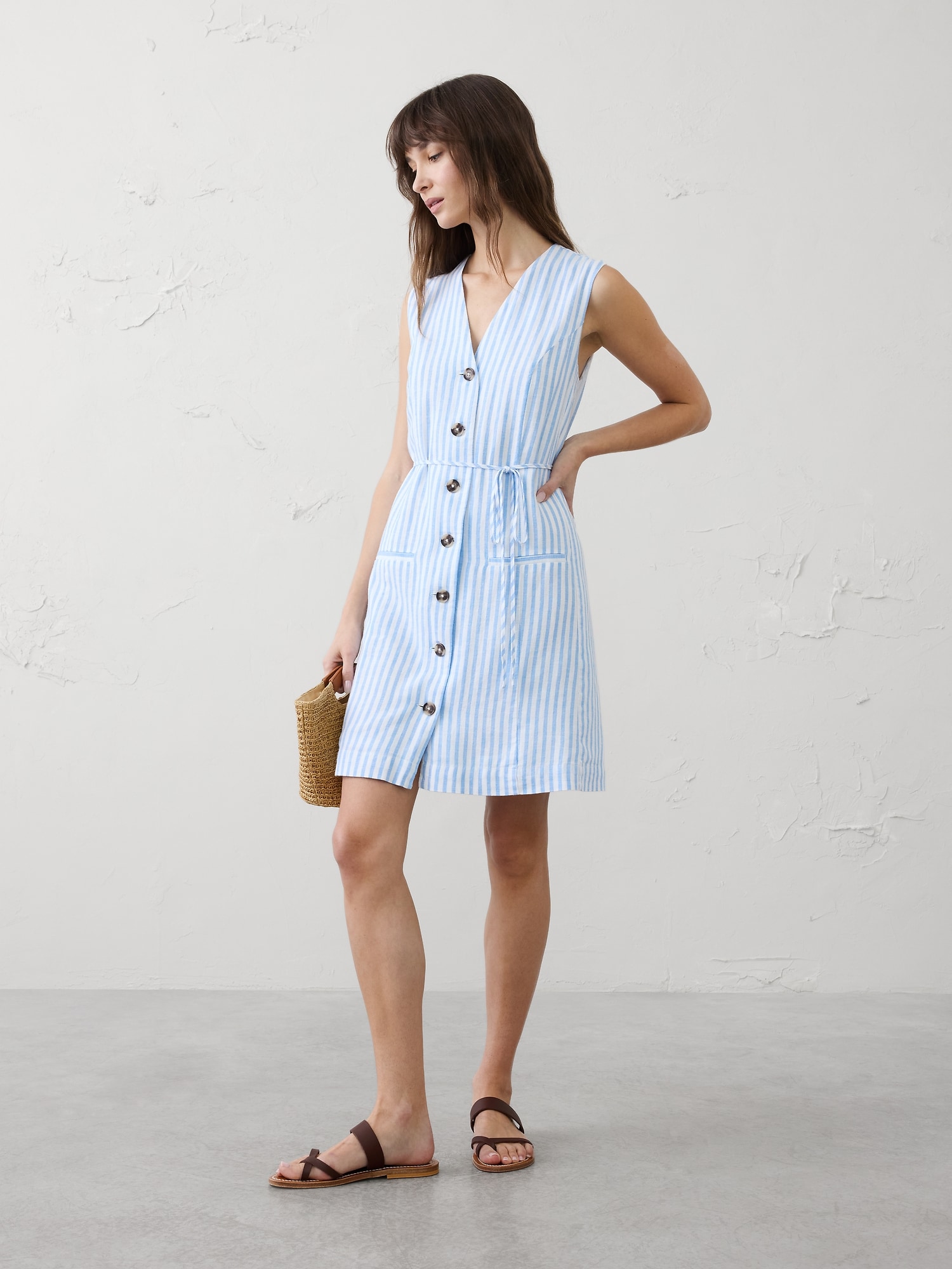 Linen-Blend Button-Front Above-Knee Dress