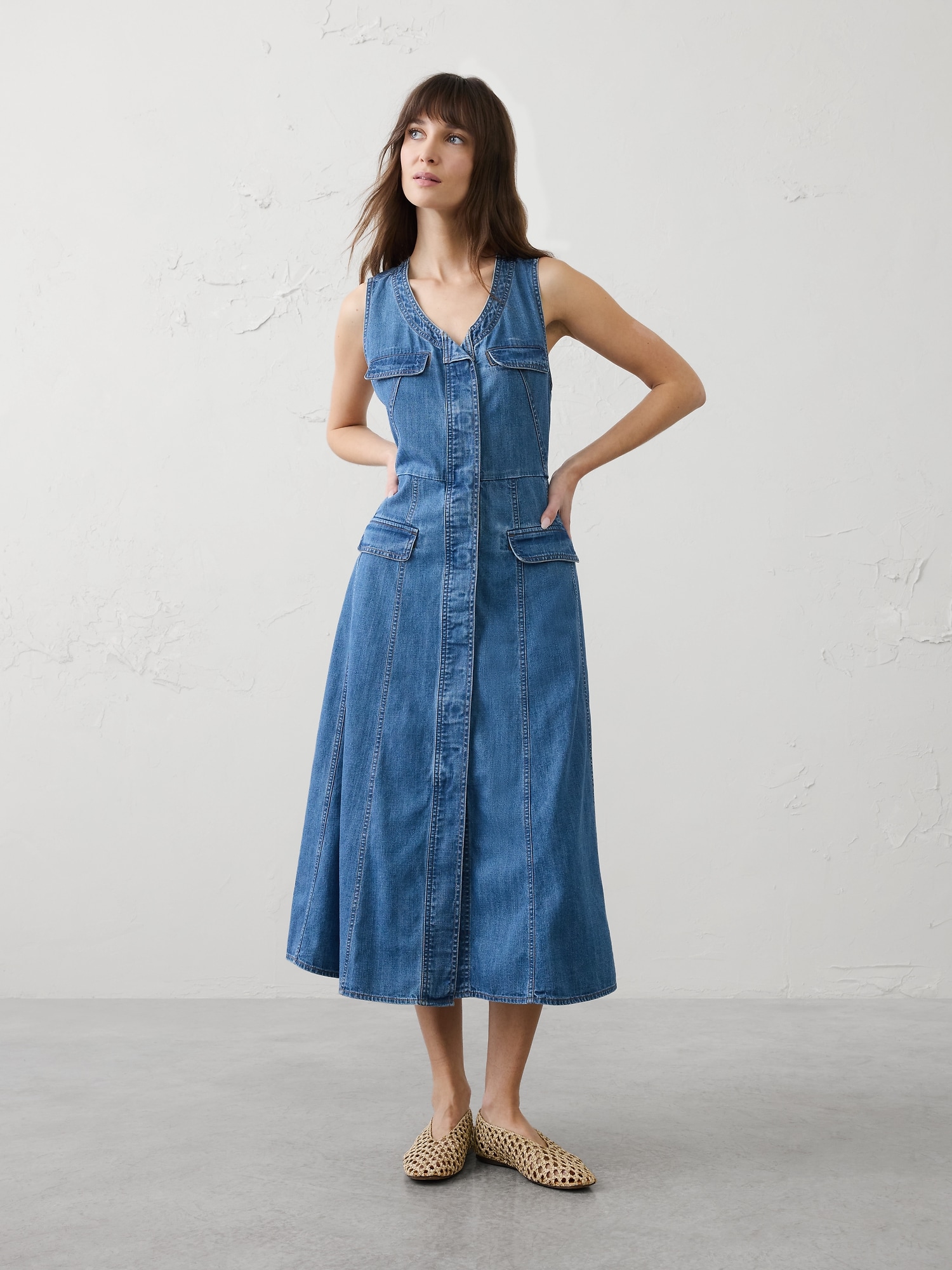 Denim-Sleeve Midi Dress