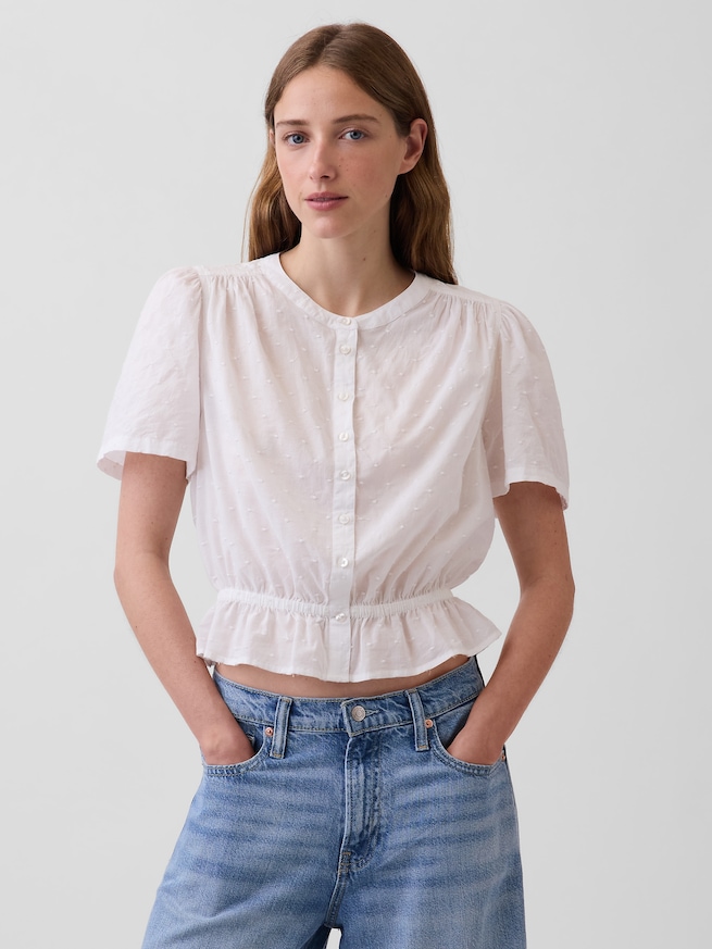 フロントボタン クロップド ペプラムトップス-0