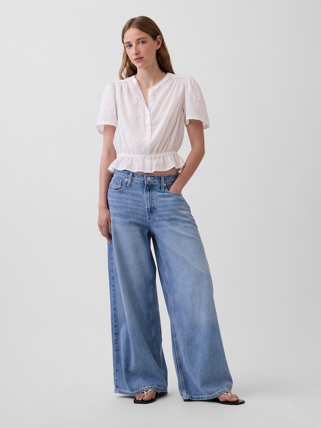 フロントボタン クロップド ペプラムトップス-1