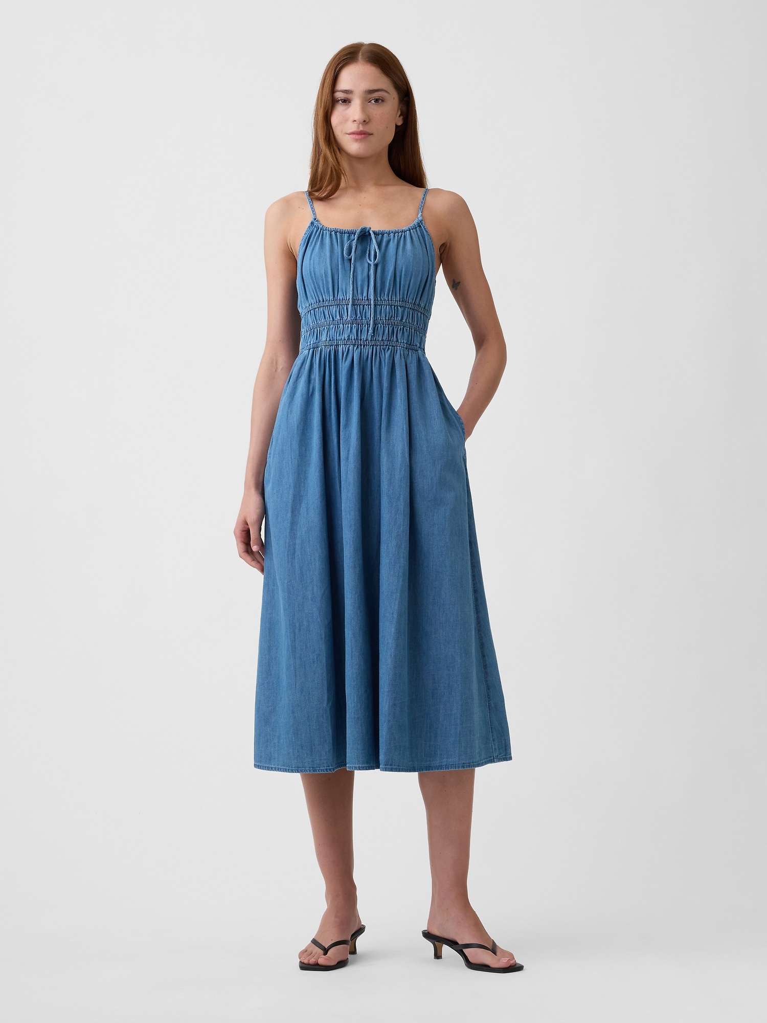 Smocked Tie-Front Midi Dress
