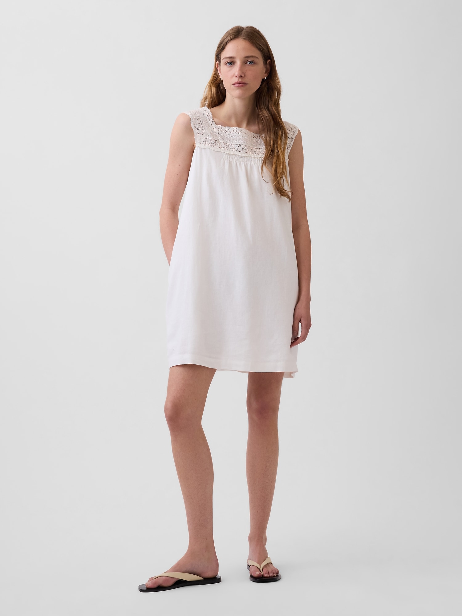Linen-Blend Crochet Yoke Mini Dress