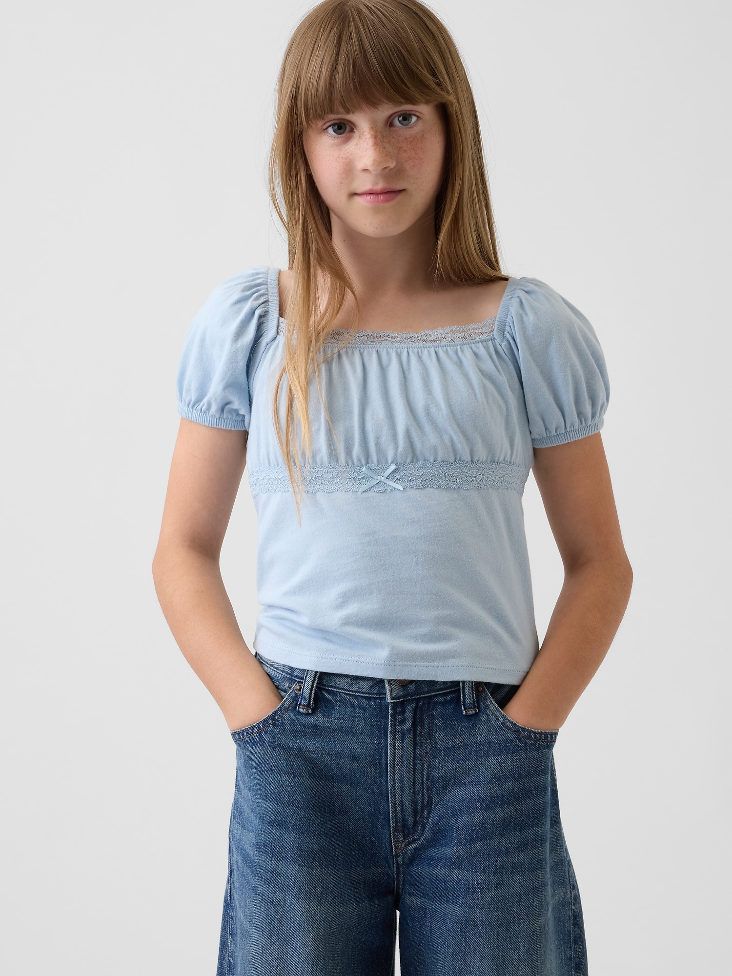 Kids Lace-Trim Puff-Sleeve Top