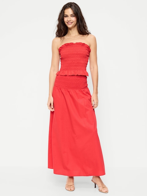 Twill Smocked-Waist Maxi Skirt