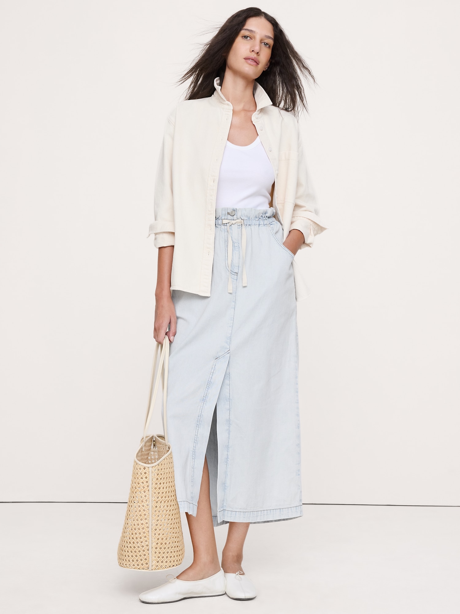 Denim Paperbag Midi Skirt