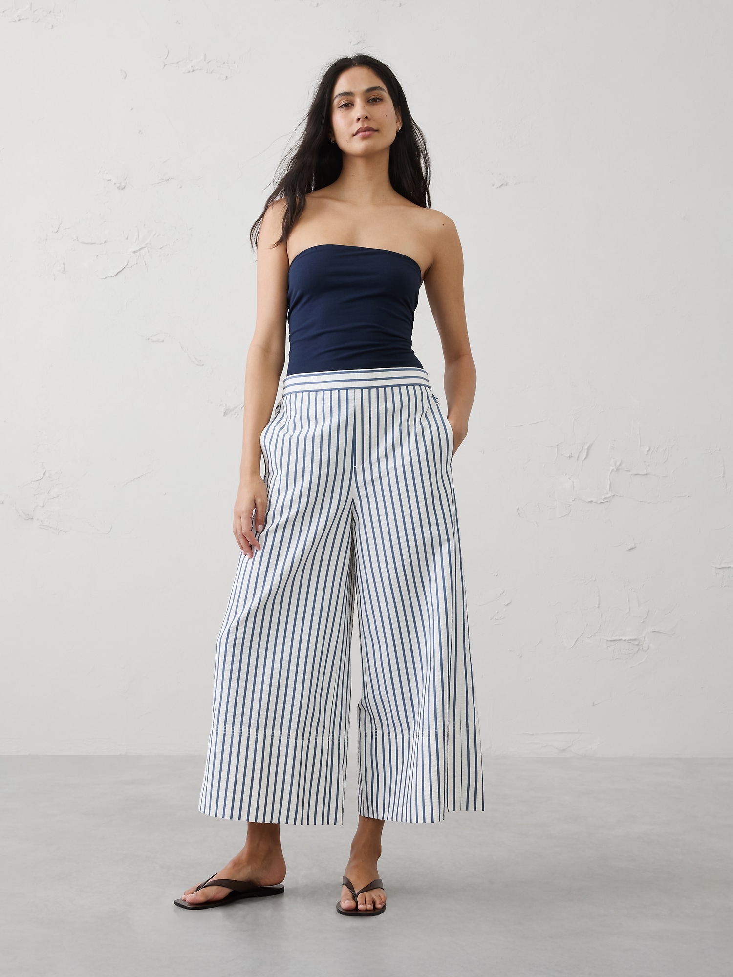 Anyday Wide-Leg High-Rise Seersucker Cropped Pant