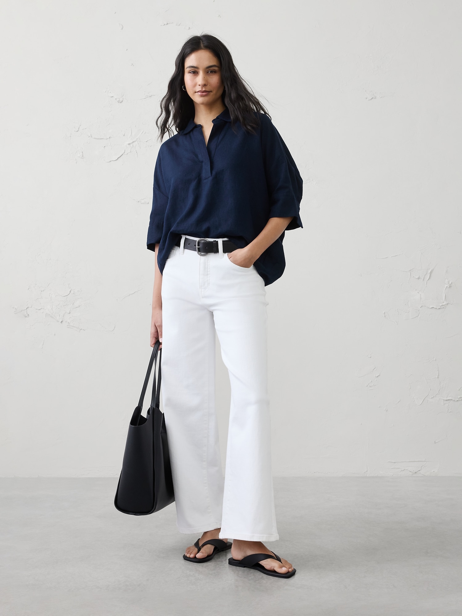 Linen-Blend Drapey Popover Shirt