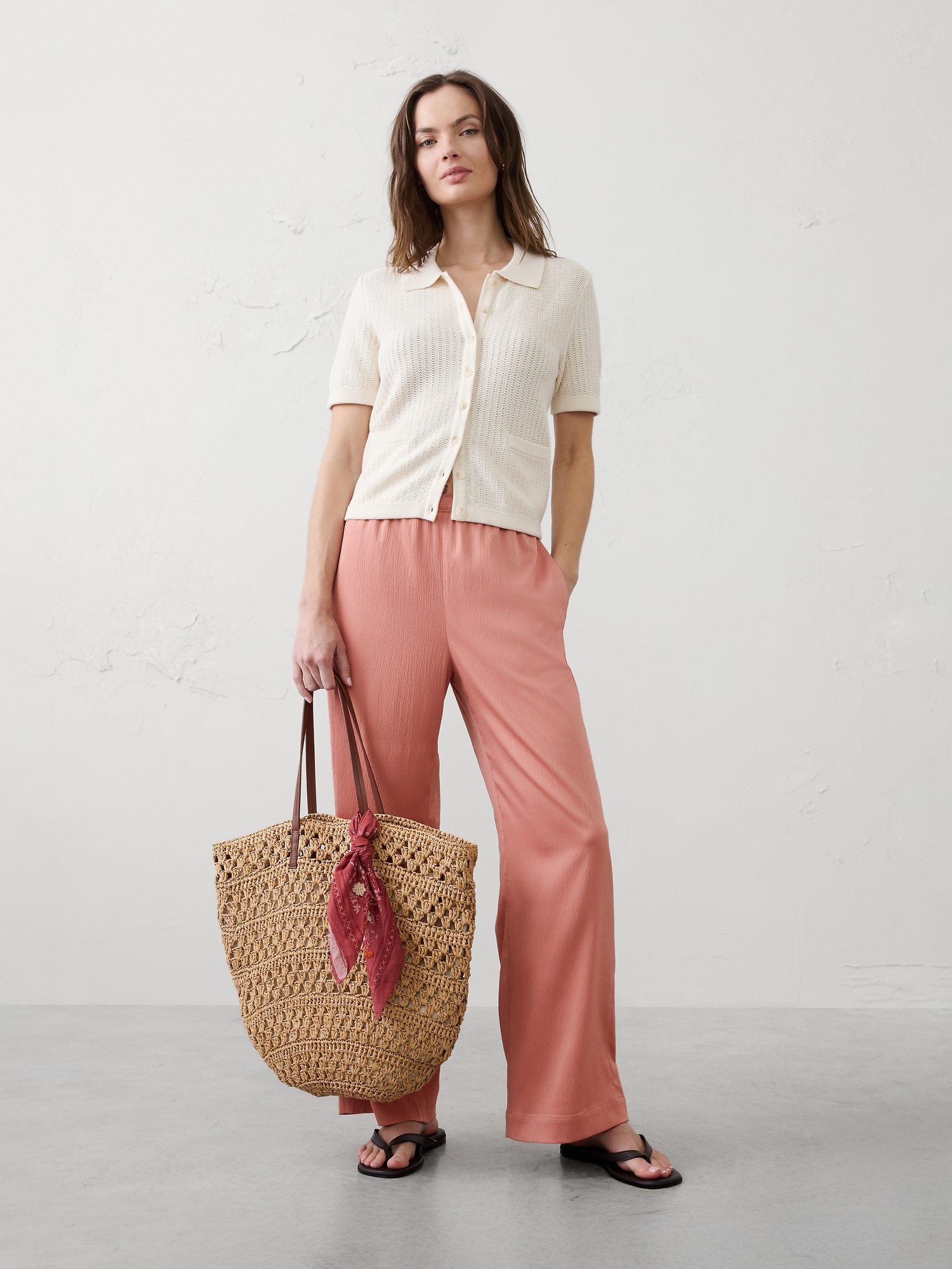 Wide-Leg High-Rise Crinkle Satin Pull-On Pant