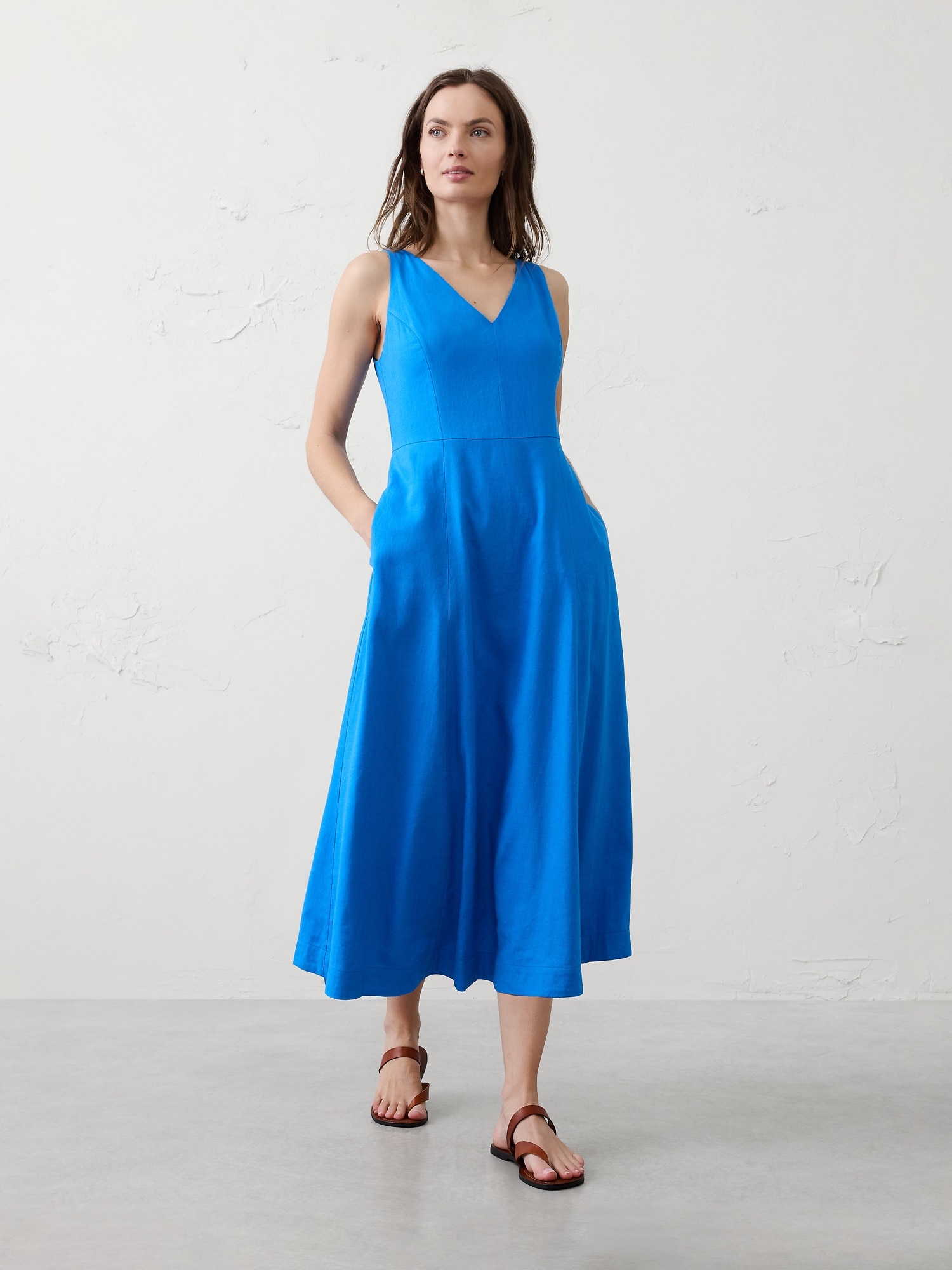 Linen-Blend Drapey Midi Dress