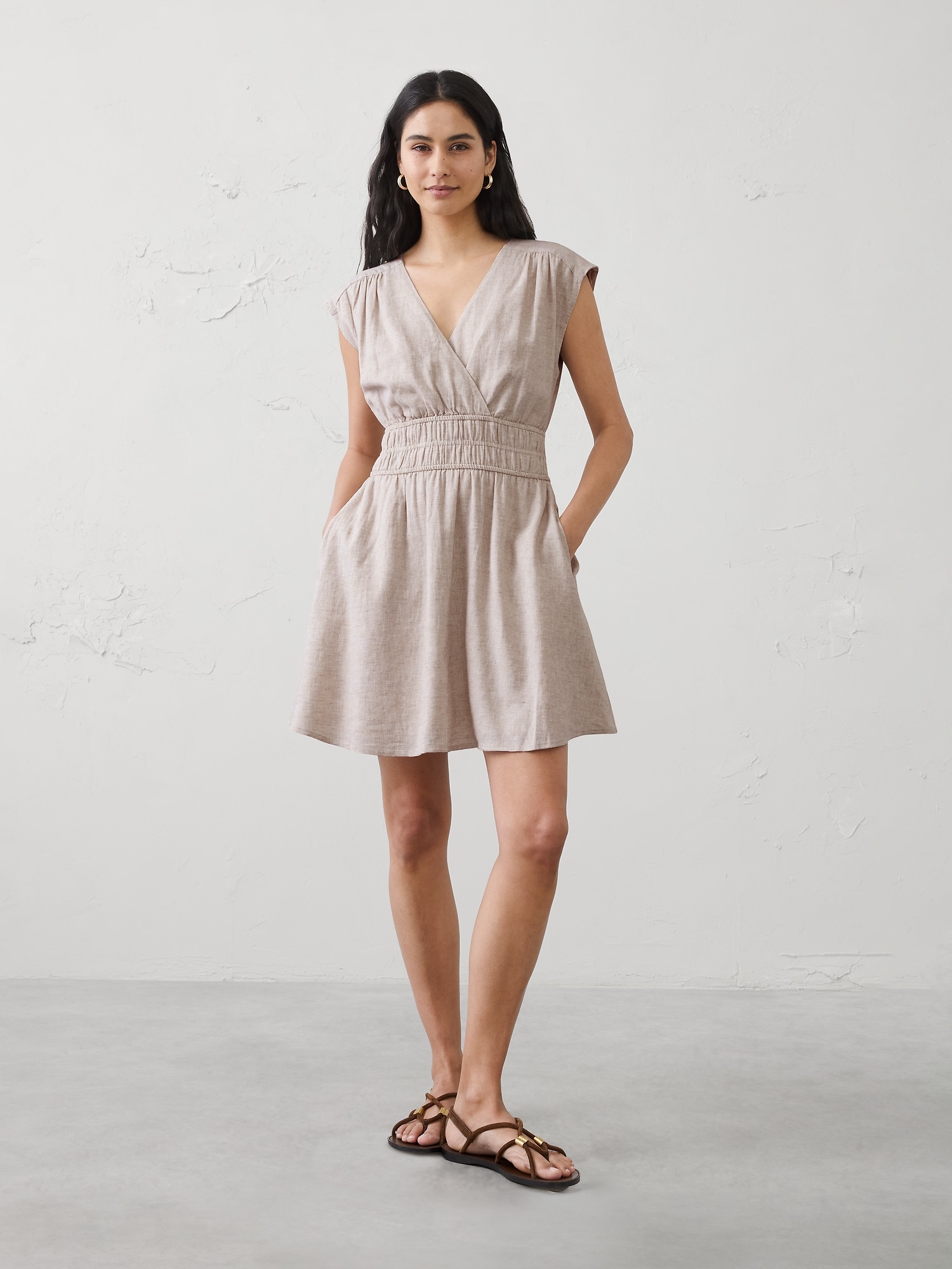 Linen-Blend Smocked-Waist Mini Dress