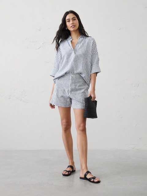 Linen-Blend Drapey Popover Shirt