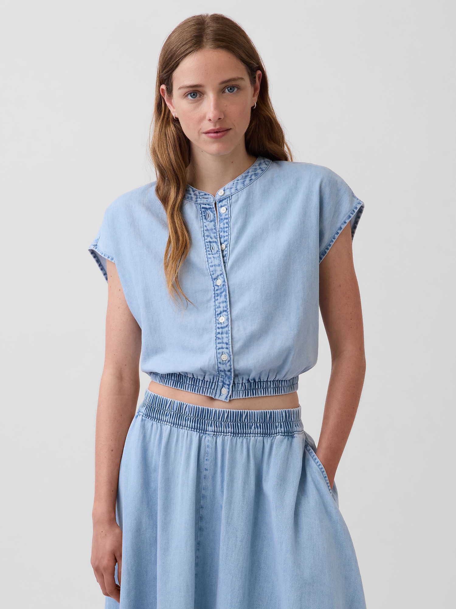 Denim Cap-Sleeve Crop Button-Front Top