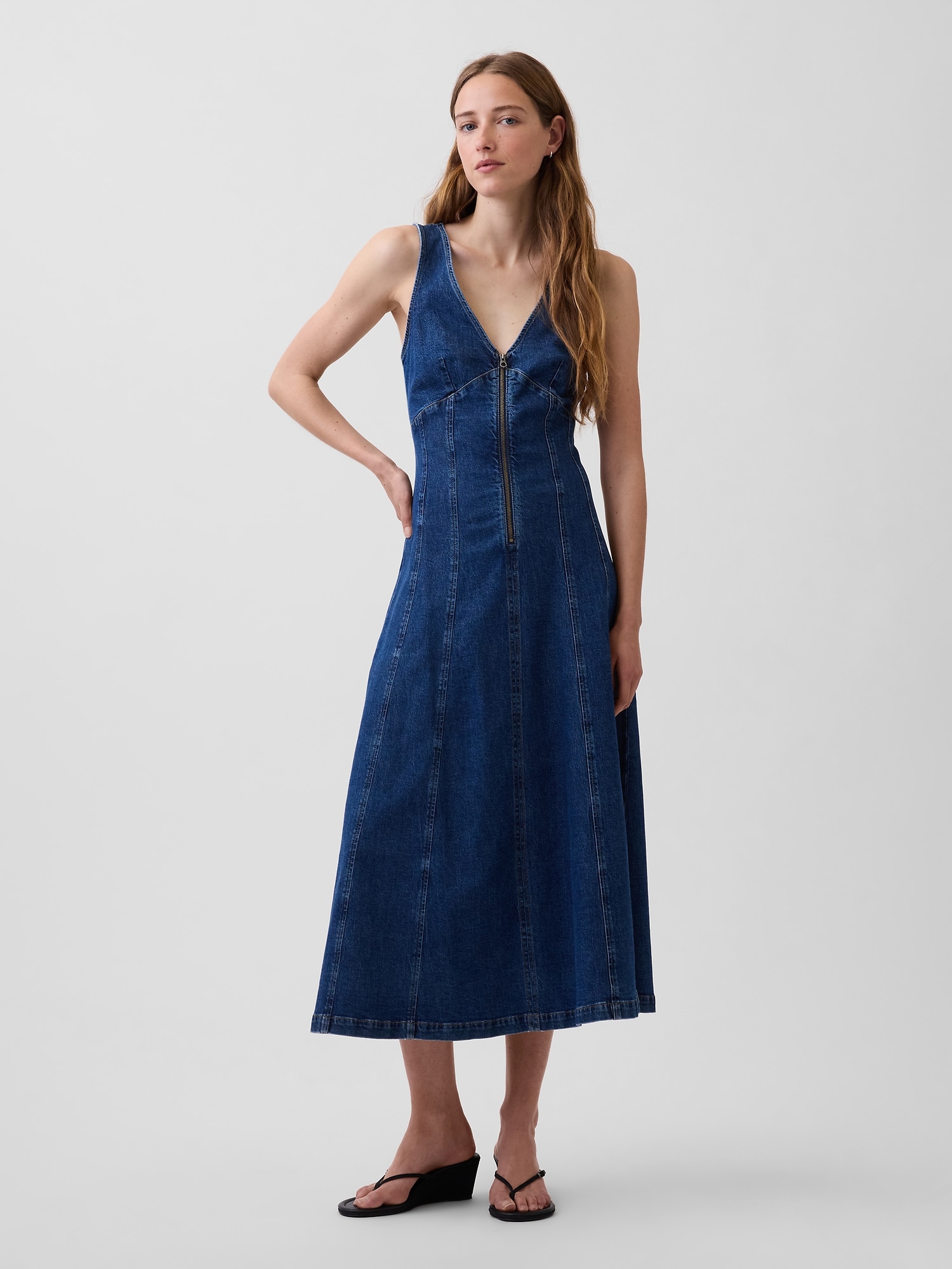 Denim Seamed Zip-Front Midi Dress