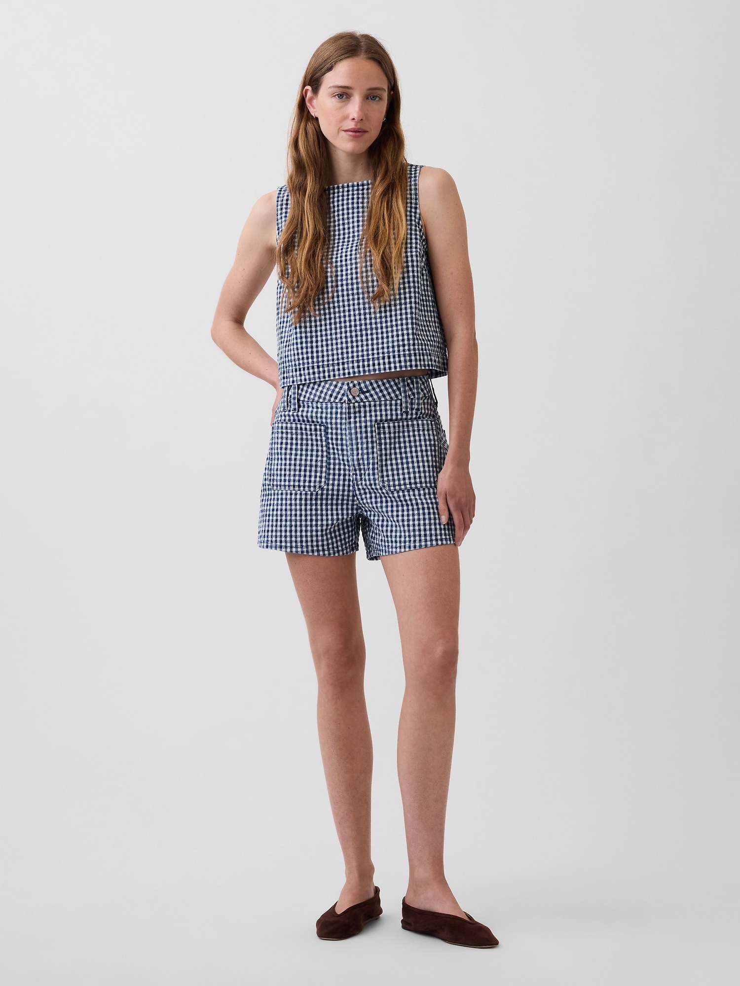 3.5" High Rise Gingham Relaxed Straight Denim Shorts
